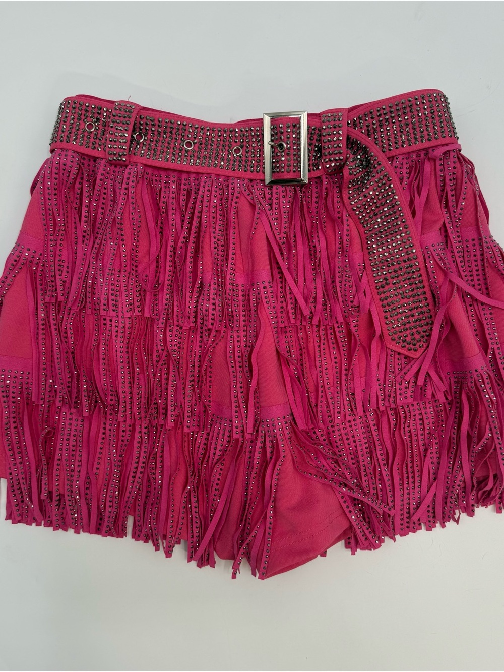 Studded Fuchsia Fringe Mini Skirt with Belt